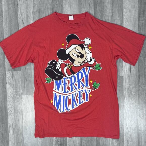 Vintage Mickey Unlimited T-Shirt Christmas Disney Red Santa Merry Mickey 25X33 - Picture 1 of 8